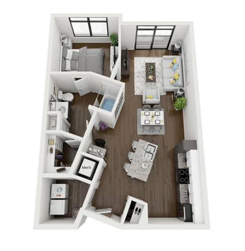 Floor plan for 1 bed, 1 bath, 754 sqft